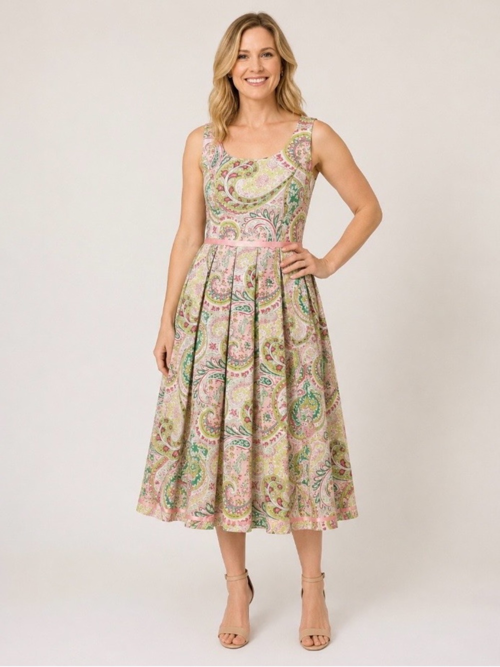 Central Falls Pink Green Paisley Sleeveless Midi Dress Women’s Size 8